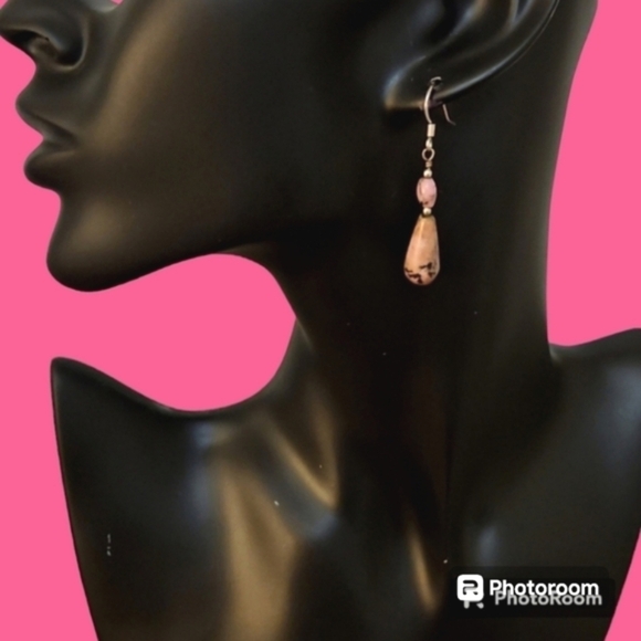 3/$30 HANDMADE Rhodonite Beaded Dangle Hook Earrings - Picture 1 of 3